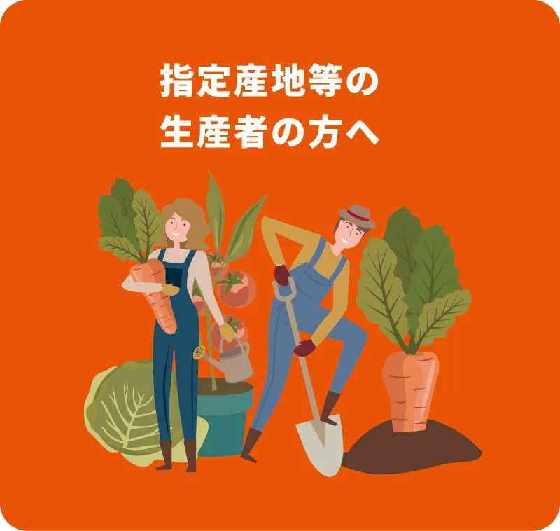 指定産地等の生産者の方へ:畑で収穫や作業をする男女生産者のイラストバナー